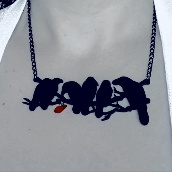 “Raven” Edgar Poe Perched Crows Birds Blood Droplet Macabre Gothic Grim Necklace - Picture 11 of 16